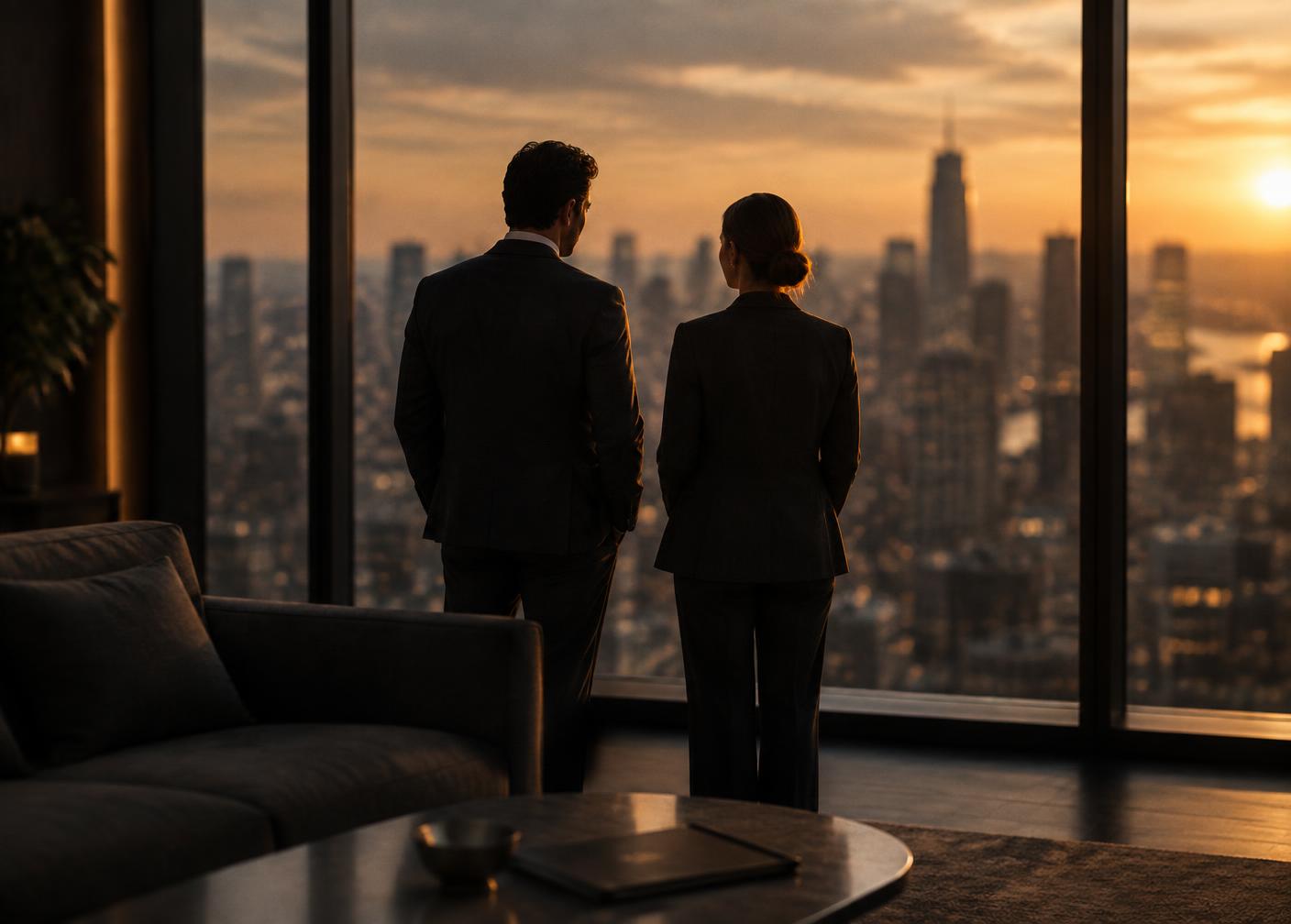 Two professionals in discussion across a table in a modern office