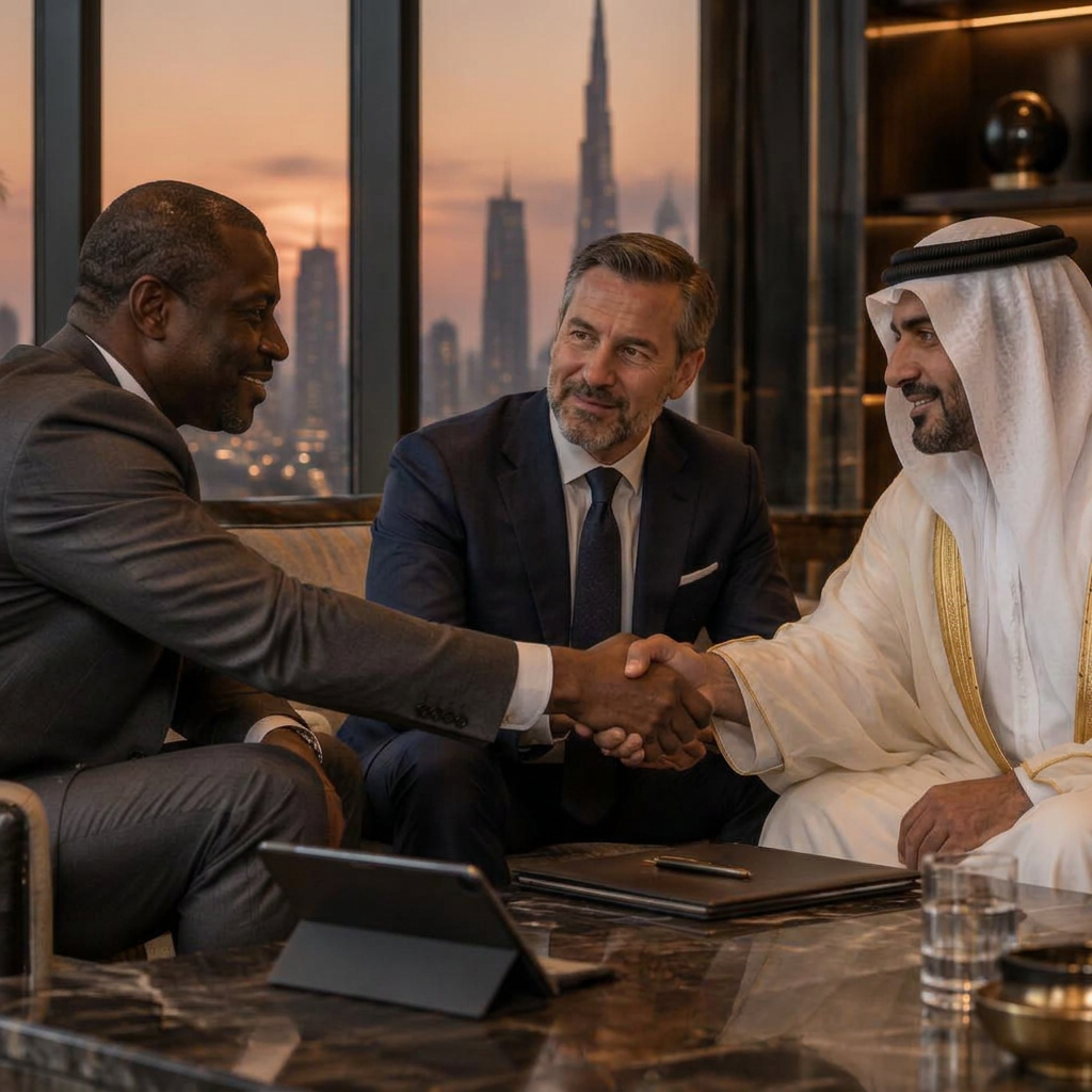 An African businessman, a British businessman and a Gulf sheikh shaking hands across a table at the close of a meeting